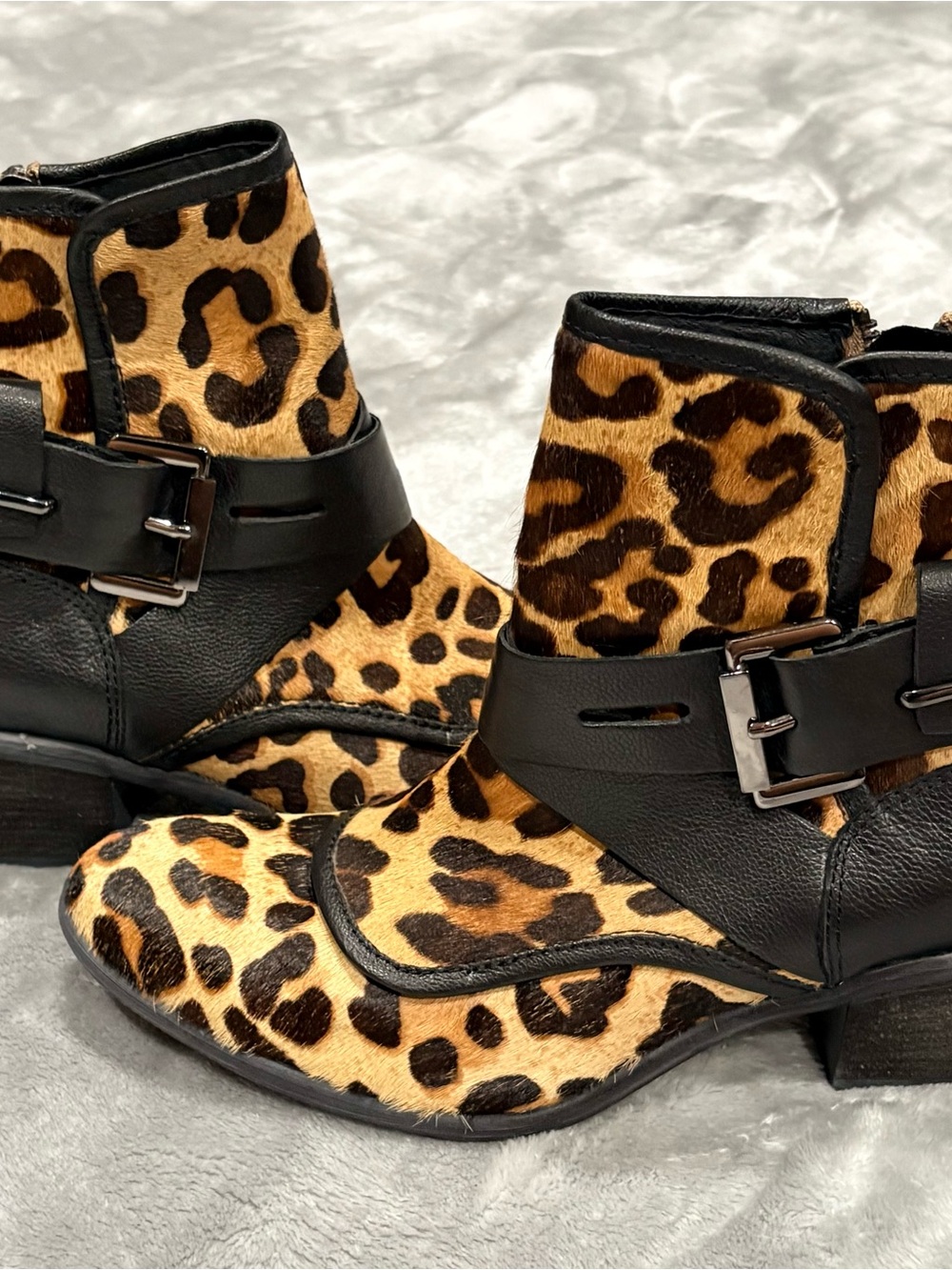 Donald J. Pliner Leopard Print and Black Strap Ankle boots